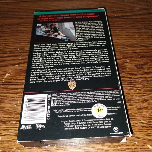 Frantic (VHS, 1991, Warner Bros, Studios) Harrison Ford - Picture 2 of 6